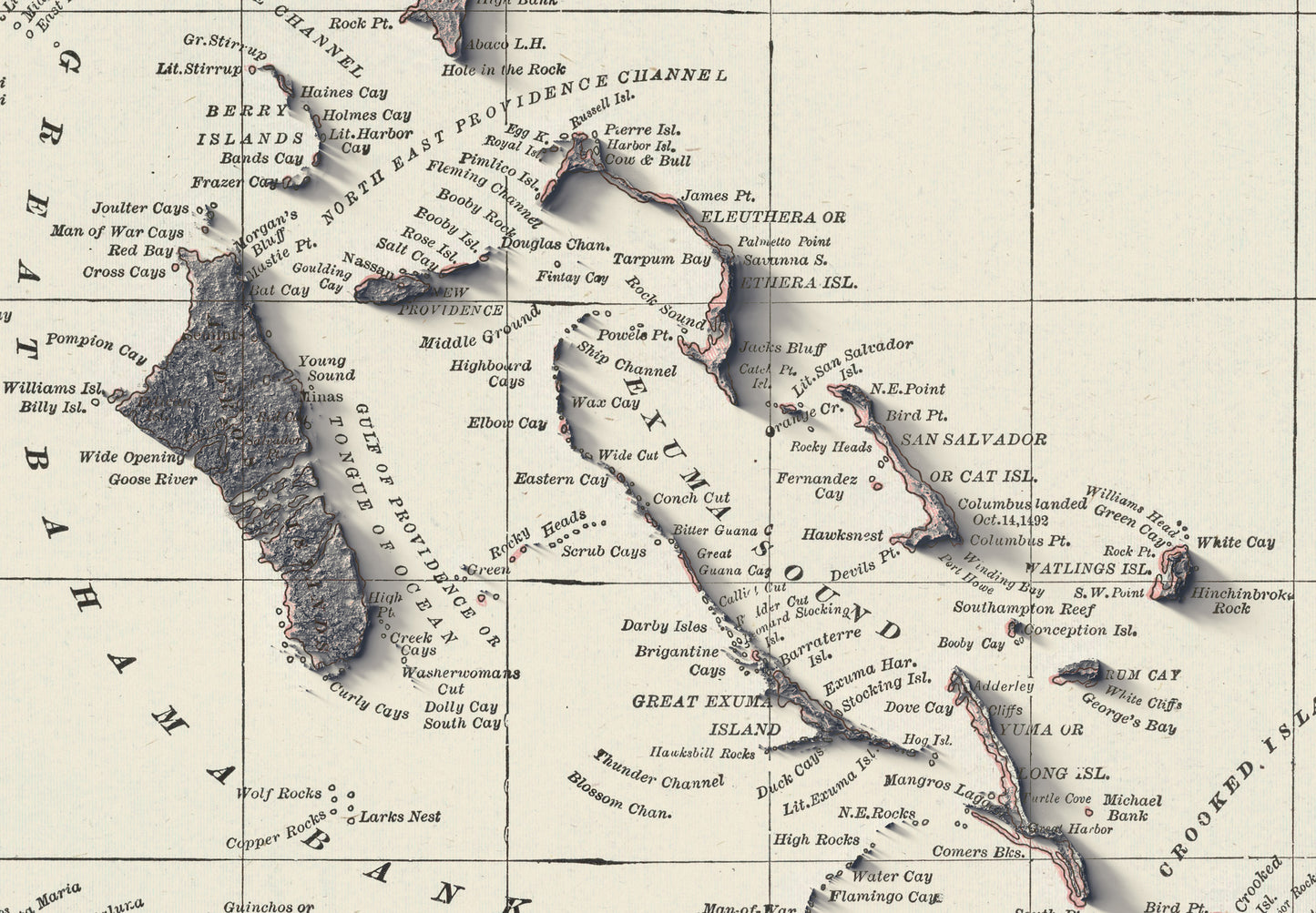 Detailed close-up of a vintage Bahamas relief map, showcasing textured topography and geographic contours