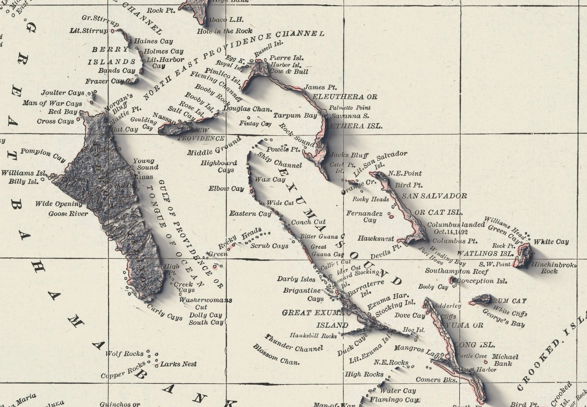 Detailed close-up of a vintage Bahamas relief map, showcasing textured topography and geographic contours