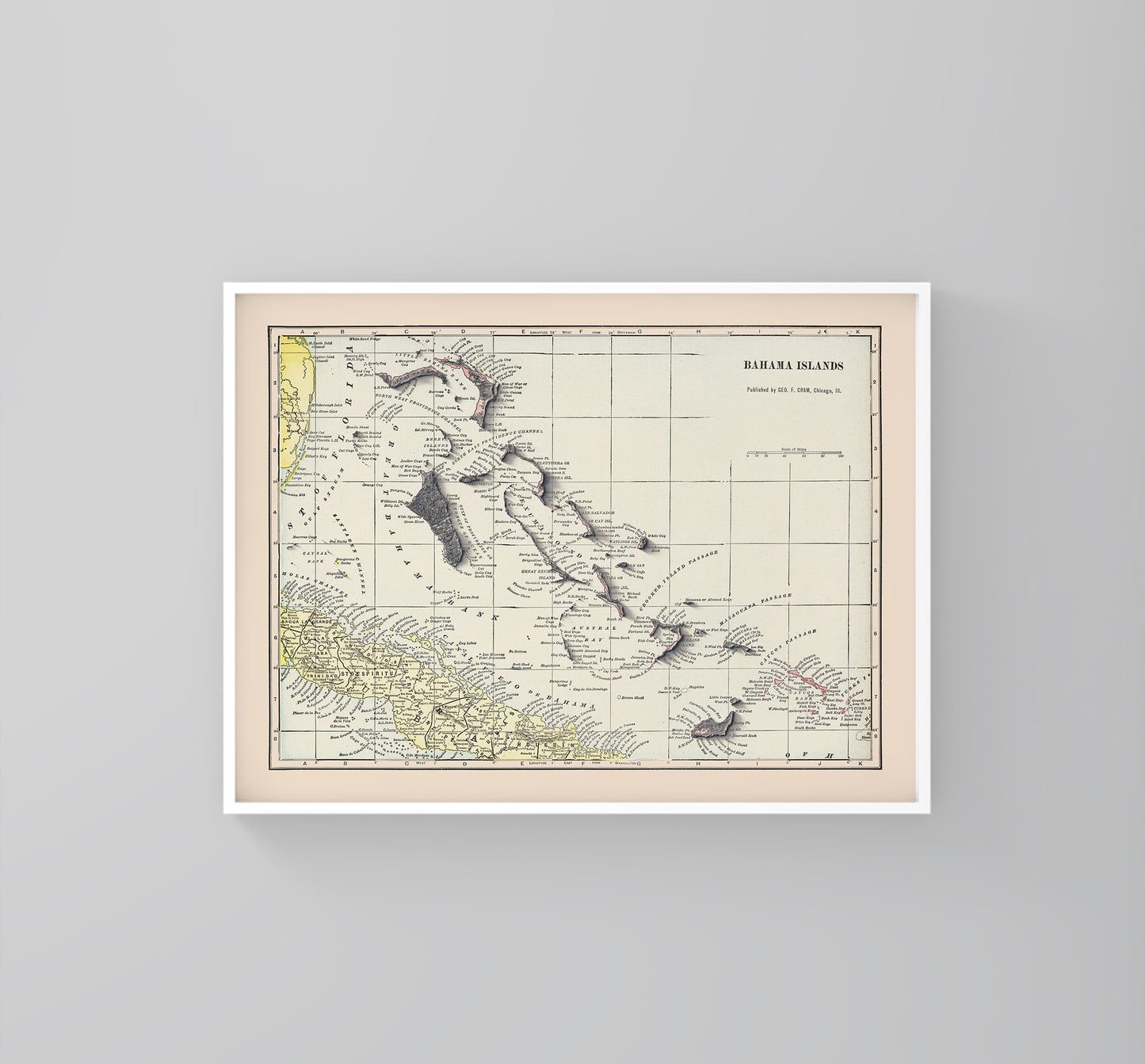 Bahamas vintage framed shaded relief map in white frame. Artistic print highlighting mountains with a realistic 3d effect
