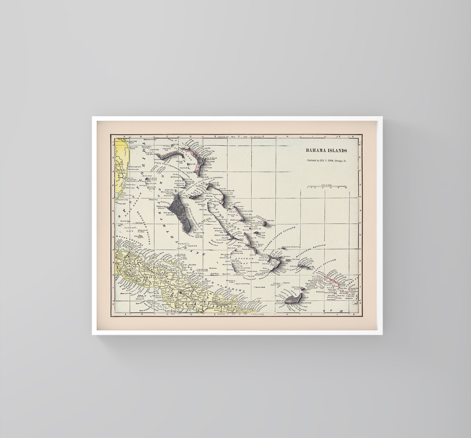 Bahamas vintage framed shaded relief map in white frame. Artistic print highlighting mountains with a realistic 3d effect