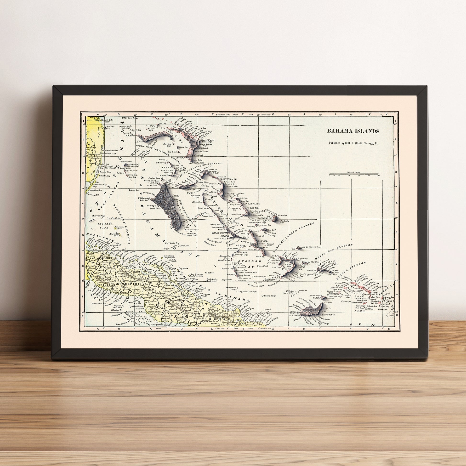 Bahamas vintage framed shaded relief map in black frame. Artistic print highlighting mountains with a realistic terrain effect