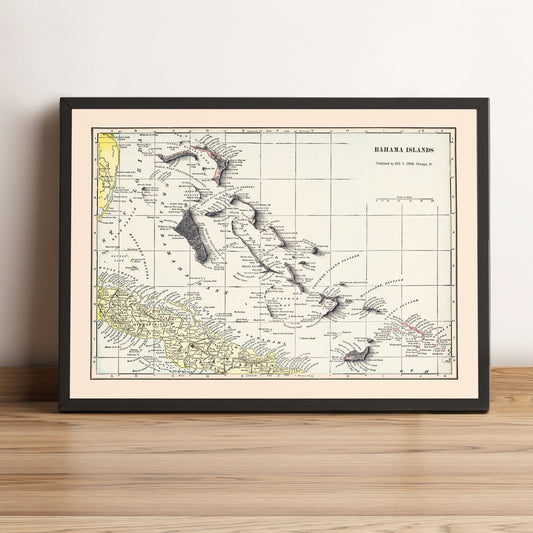 Bahamas vintage framed shaded relief map in black frame. Artistic print highlighting mountains with a realistic terrain effect