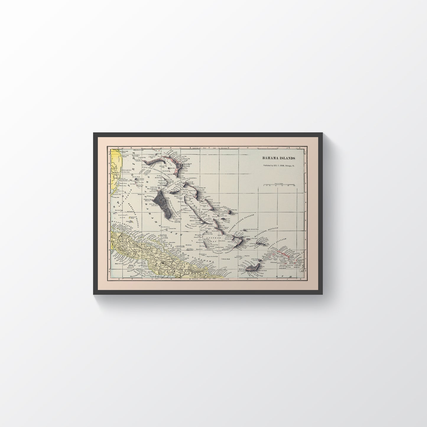 Bahamas vintage framed shaded relief map in black frame. Artistic print highlighting mountains with a realistic terrain effect
