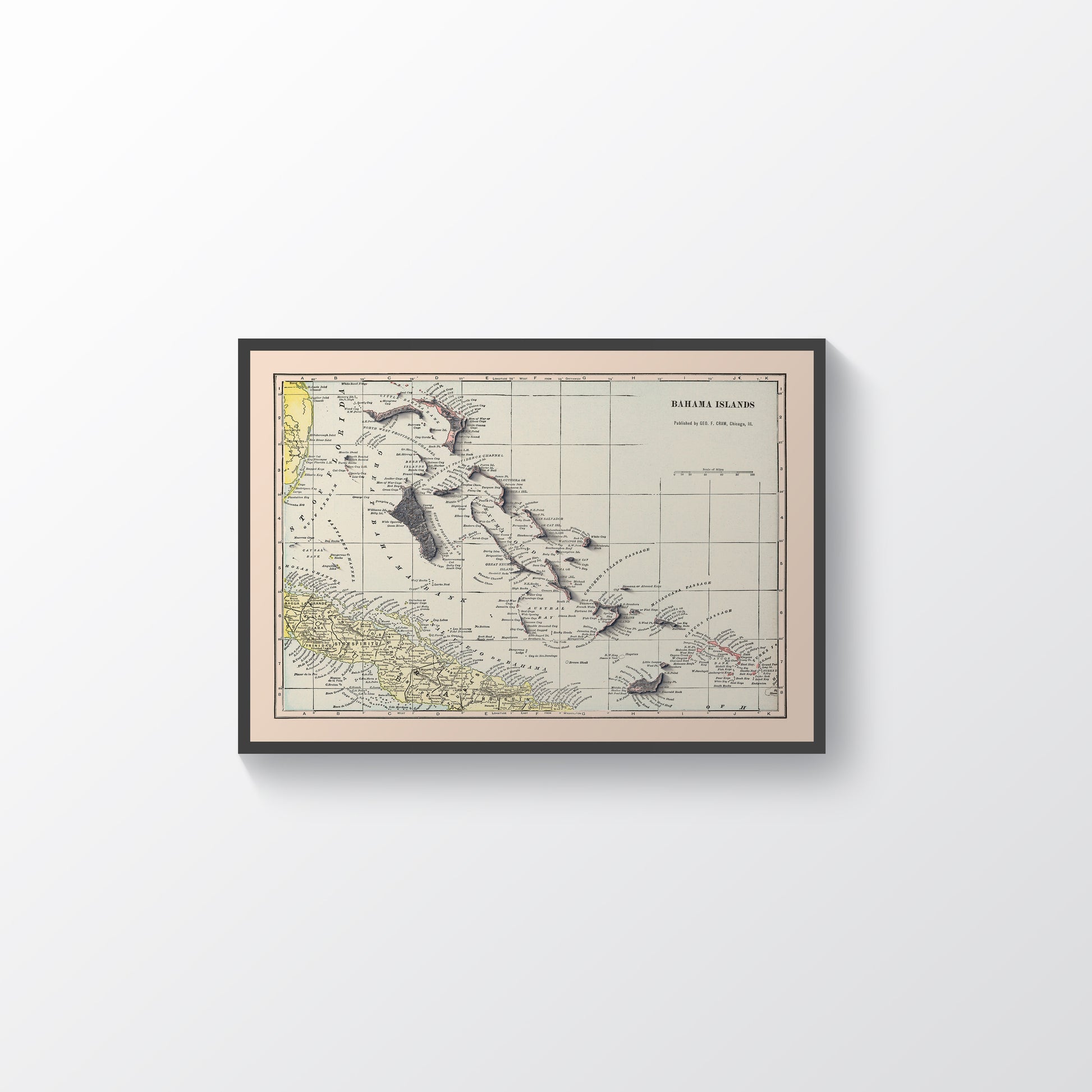 Bahamas vintage framed shaded relief map in black frame. Artistic print highlighting mountains with a realistic terrain effect