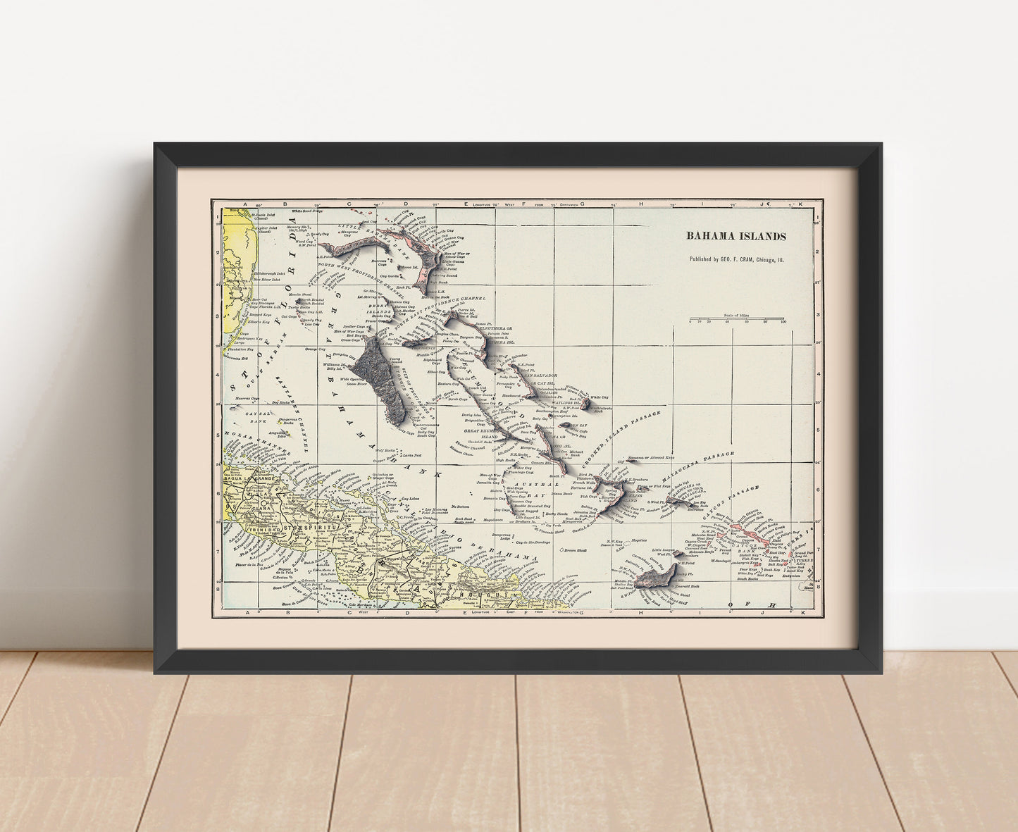 Vintage Bahamas shaded relief map in black frame. Artistic print with realistic terrain effect for wall decor.