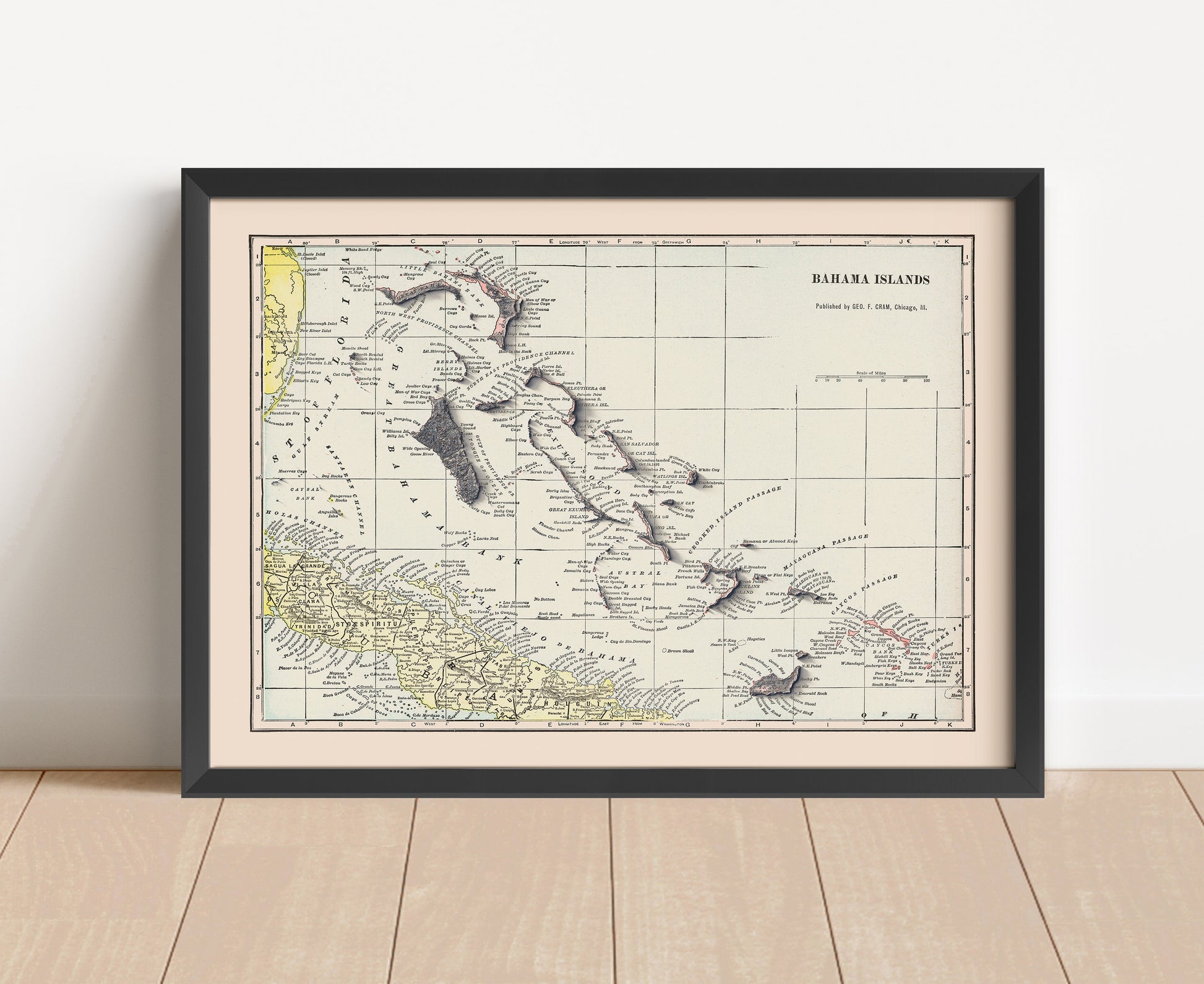 Vintage Bahamas shaded relief map in black frame. Artistic print with realistic terrain effect for wall decor.