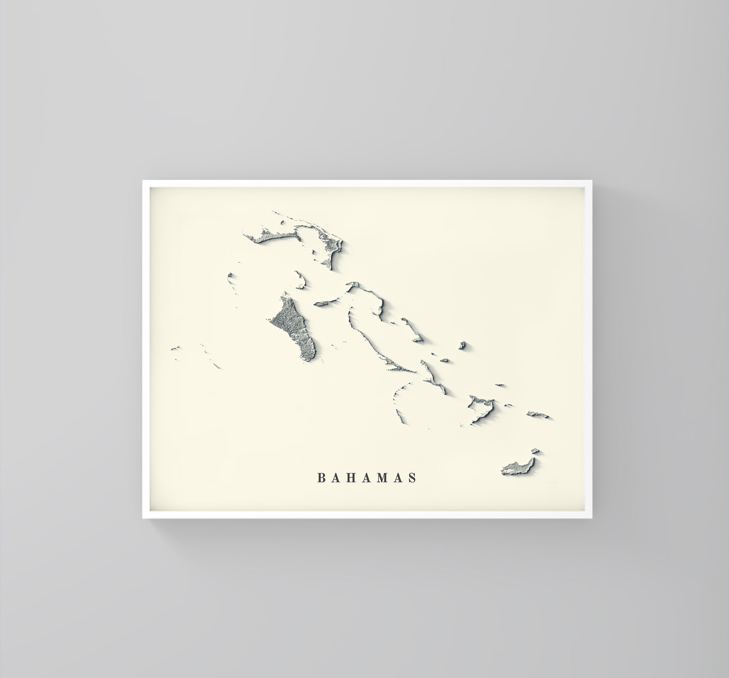 Bahamas framed shaded relief map in white frame. Artistic print highlighting mountains with a realistic 3d effect
