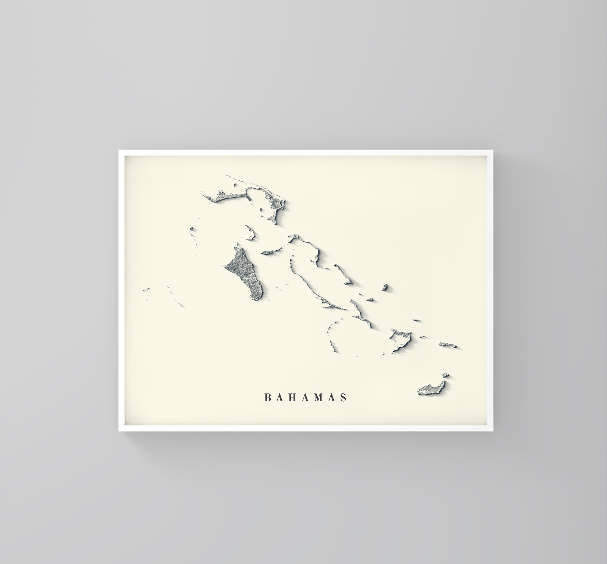 Bahamas framed shaded relief map in white frame. Artistic print highlighting mountains with a realistic 3d effect
