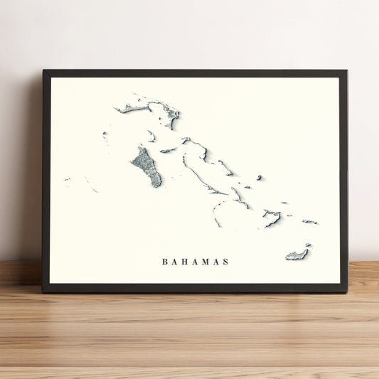 Bahamas framed shaded relief map in black frame. Artistic print highlighting mountains with a realistic terrain effect