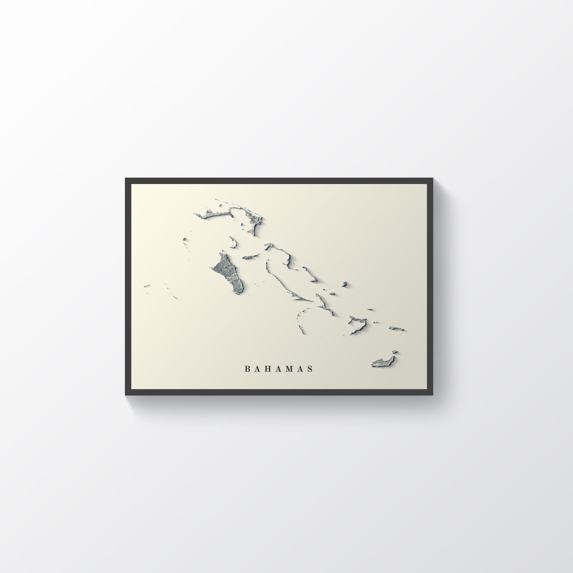 Bahamas framed shaded relief map in black frame. Artistic print highlighting mountains with a realistic terrain effect