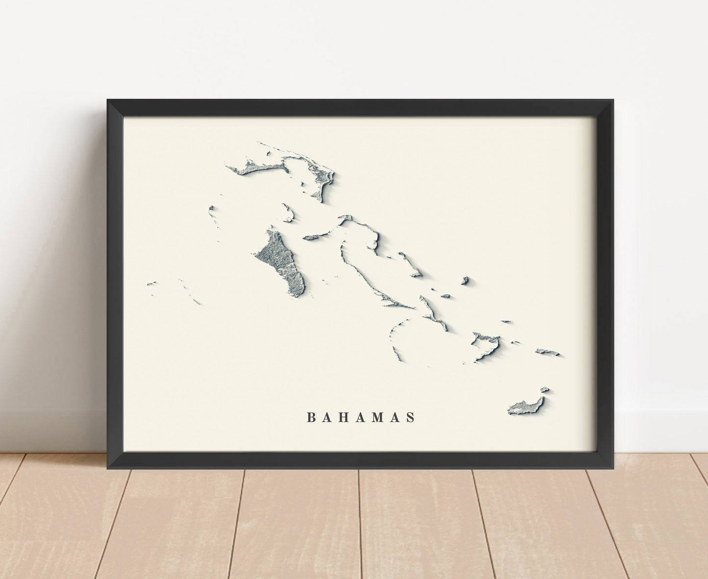 Bahamas shaded relief map in black frame. Artistic print with realistic terrain effect for wall decor.