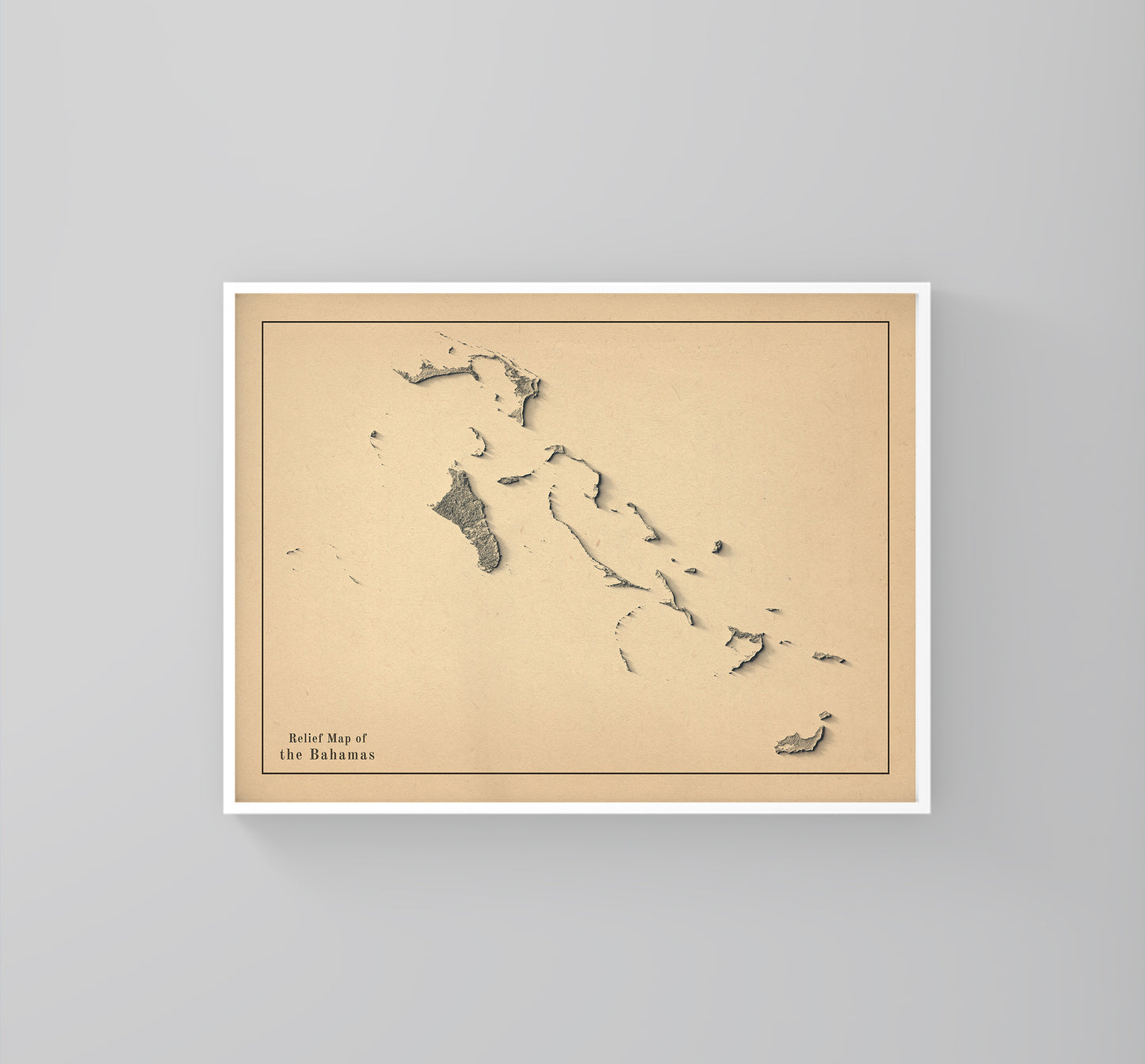 Bahamas vintage framed shaded relief map in white frame. Artistic print highlighting mountains with a realistic 3d effect