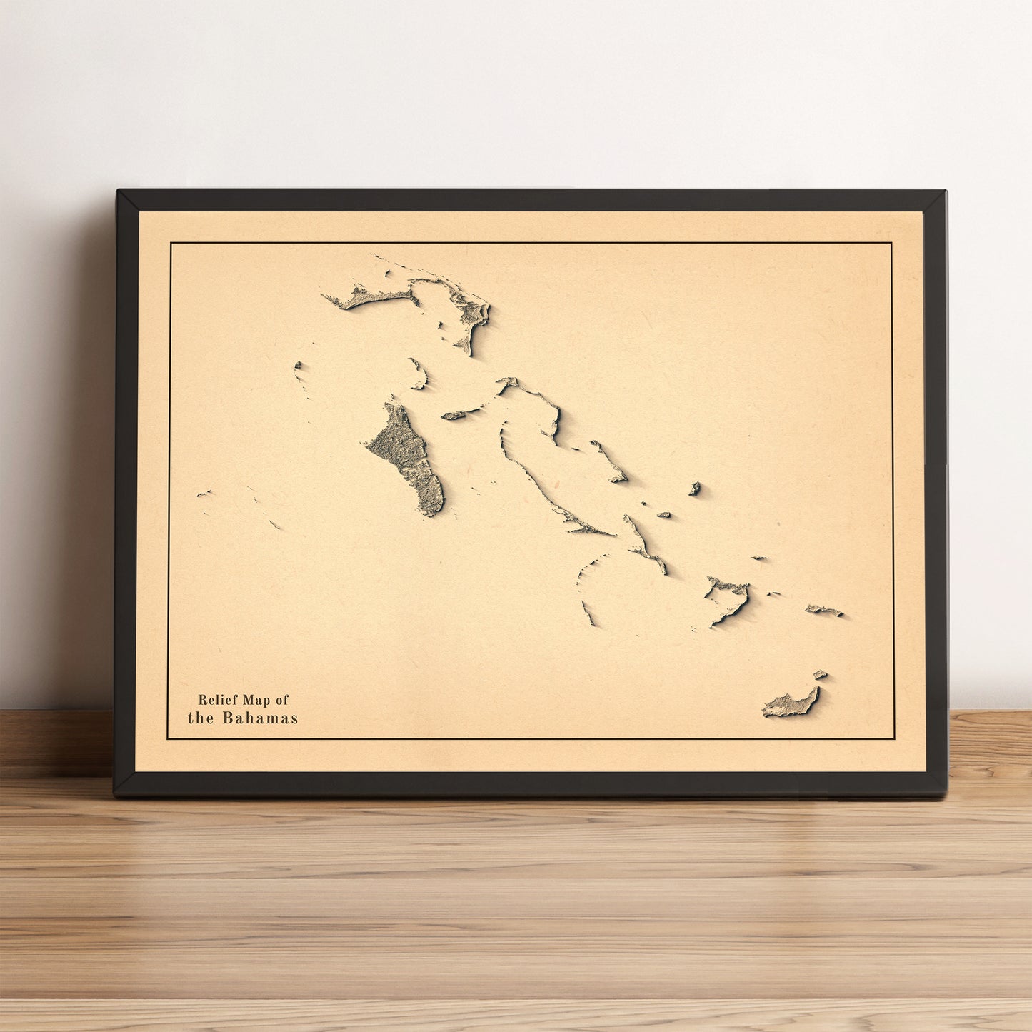 Bahamas framed shaded relief map in black frame. Artistic print highlighting mountains with a realistic terrain effect