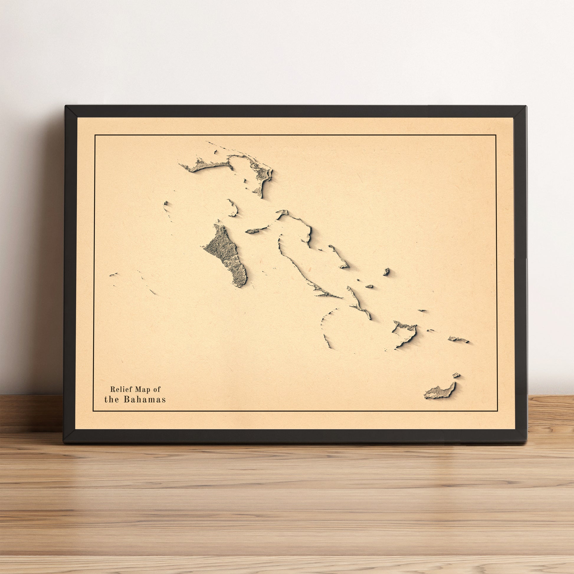 Bahamas framed shaded relief map in black frame. Artistic print highlighting mountains with a realistic terrain effect