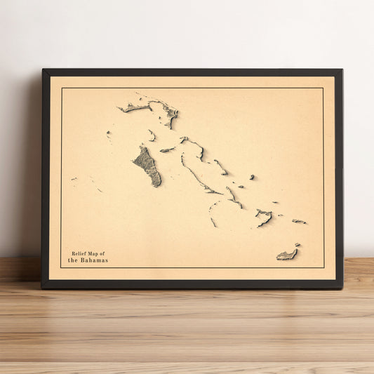 Bahamas framed shaded relief map in black frame. Artistic print highlighting mountains with a realistic terrain effect