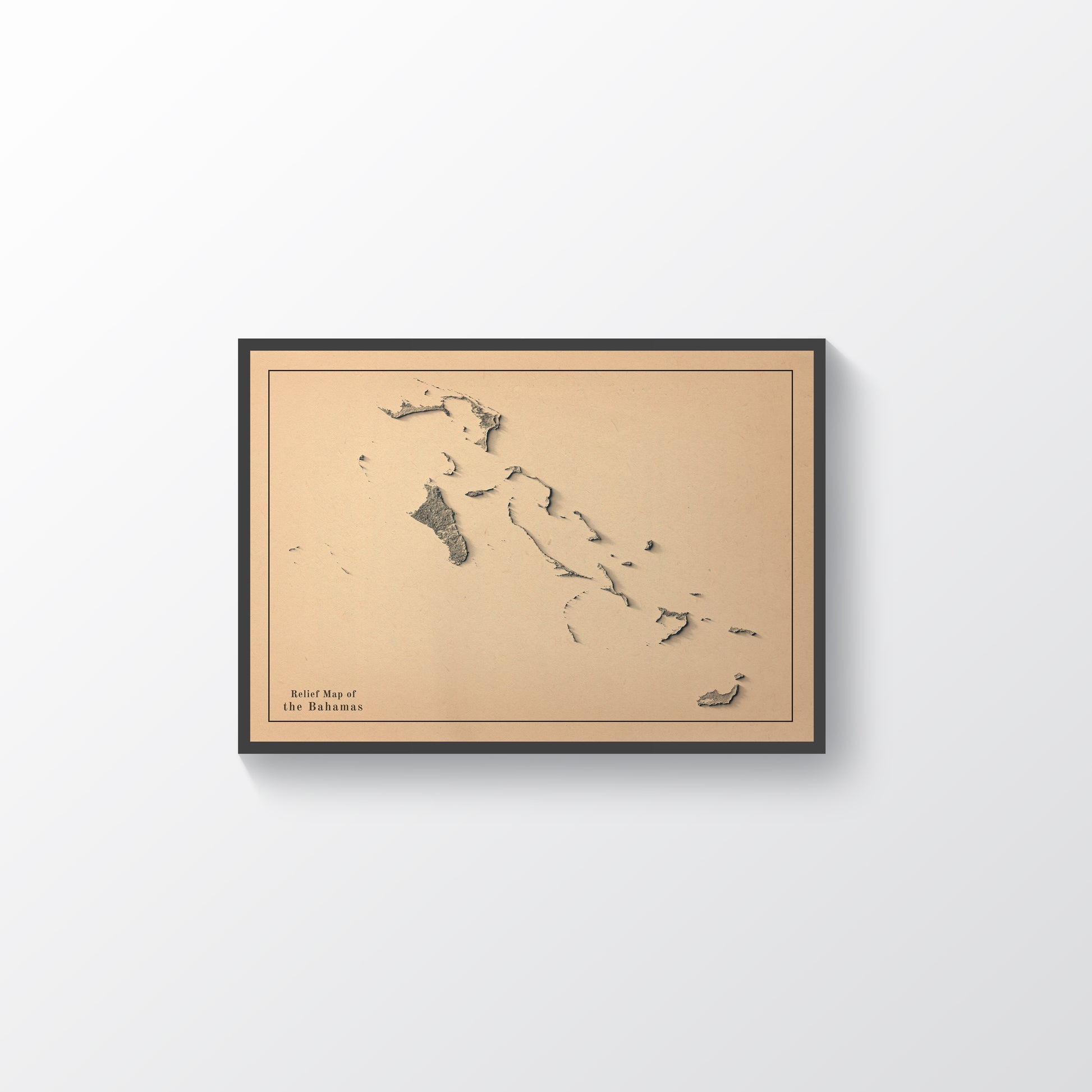 Bahamas framed shaded relief map in black frame. Artistic print highlighting mountains with a realistic terrain effect