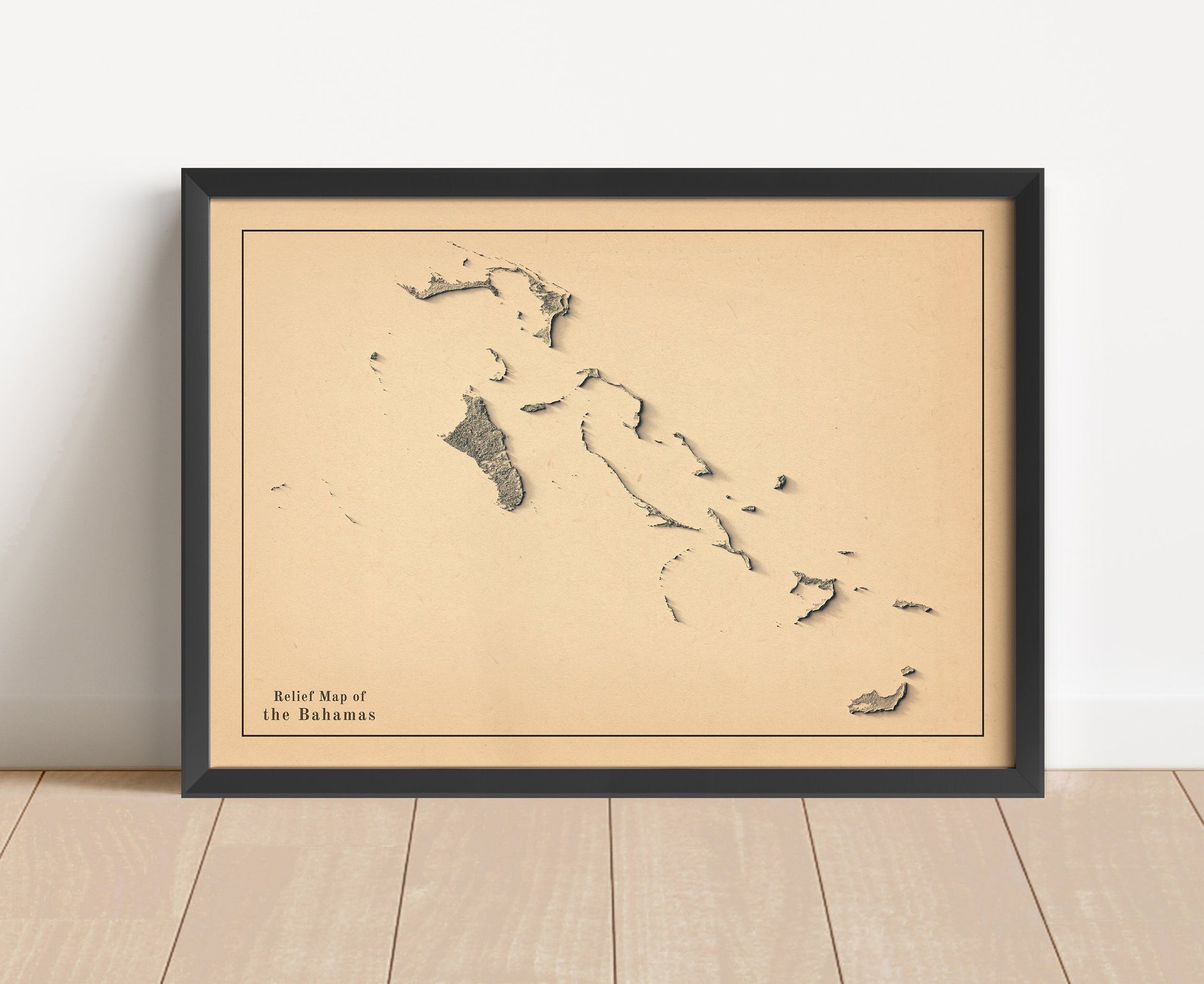 Vintage Bahamas shaded relief map in black frame. Artistic print with realistic terrain effect for wall decor.