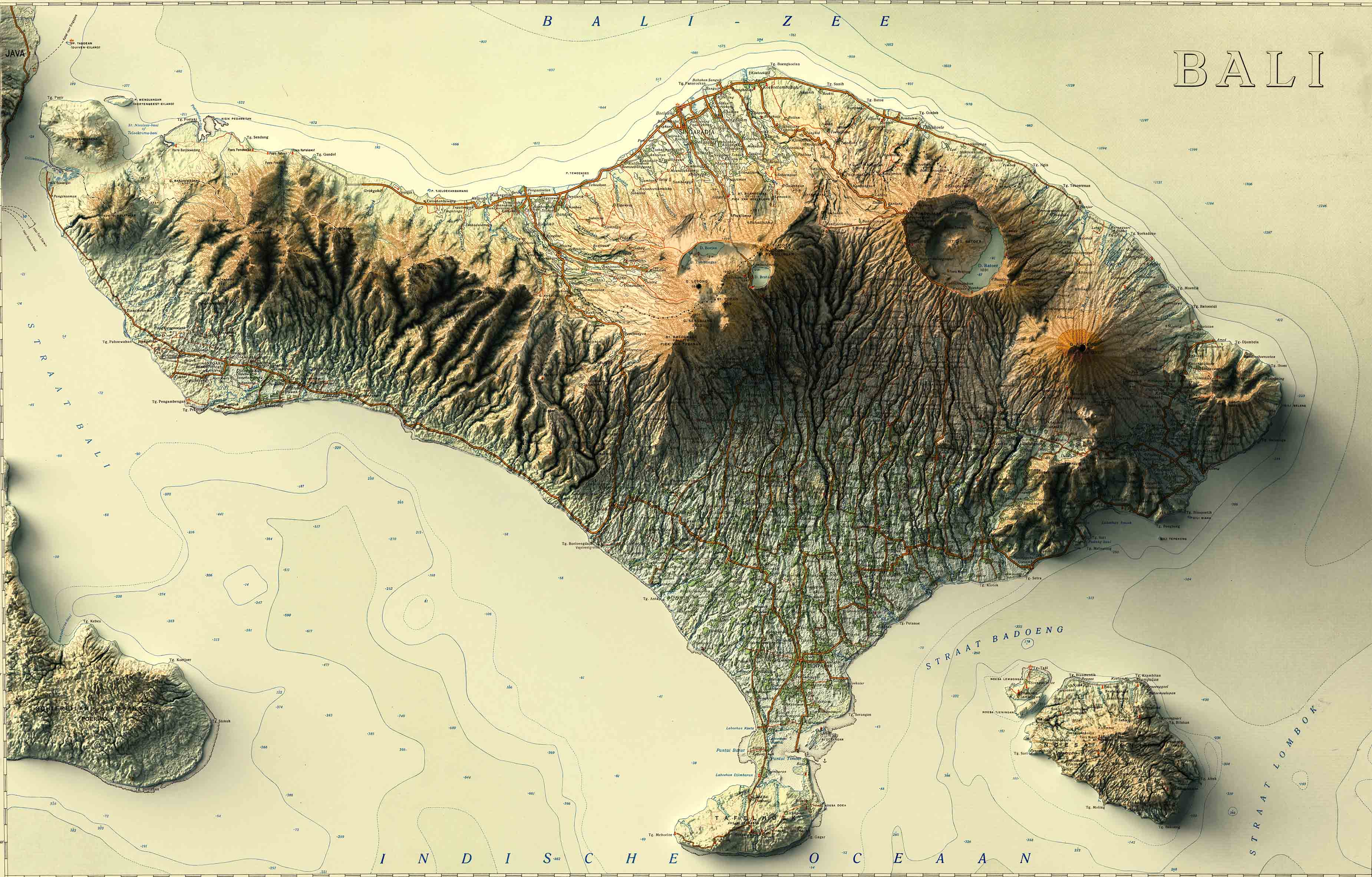 vintage shaded relief map of Bali, Indonesia