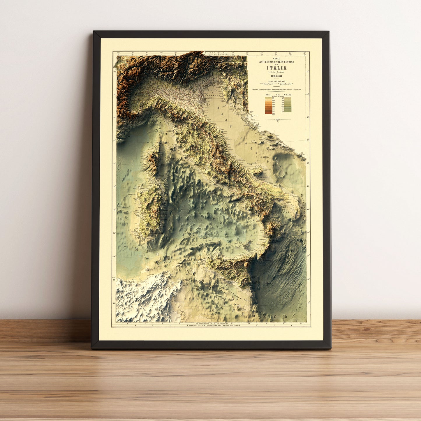 vintage shaded bathymetric relief map of Italy