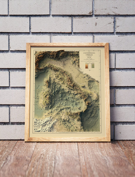 vintage shaded bathymetric relief map of Italy