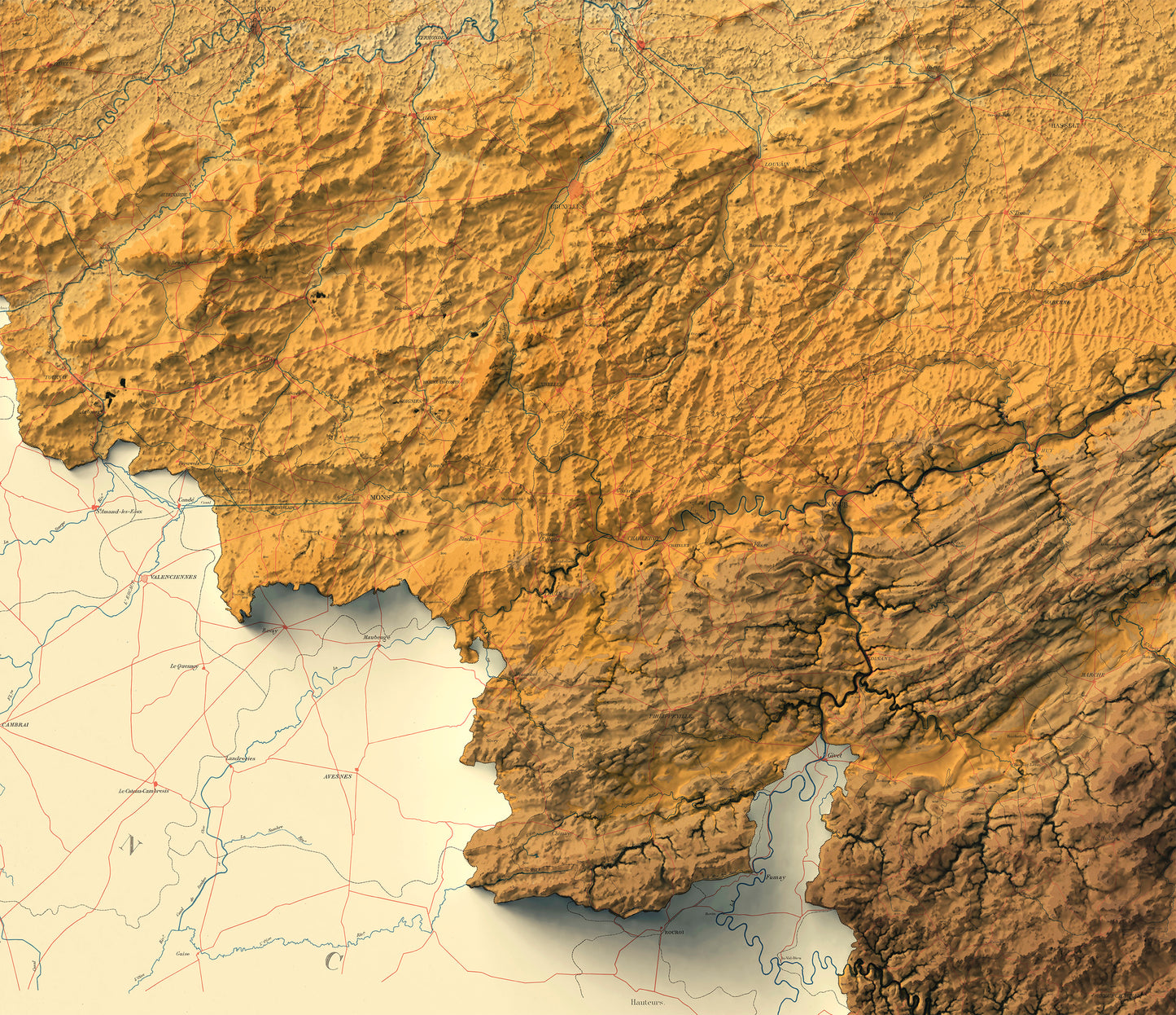 vintage shaded relief map of Belgium