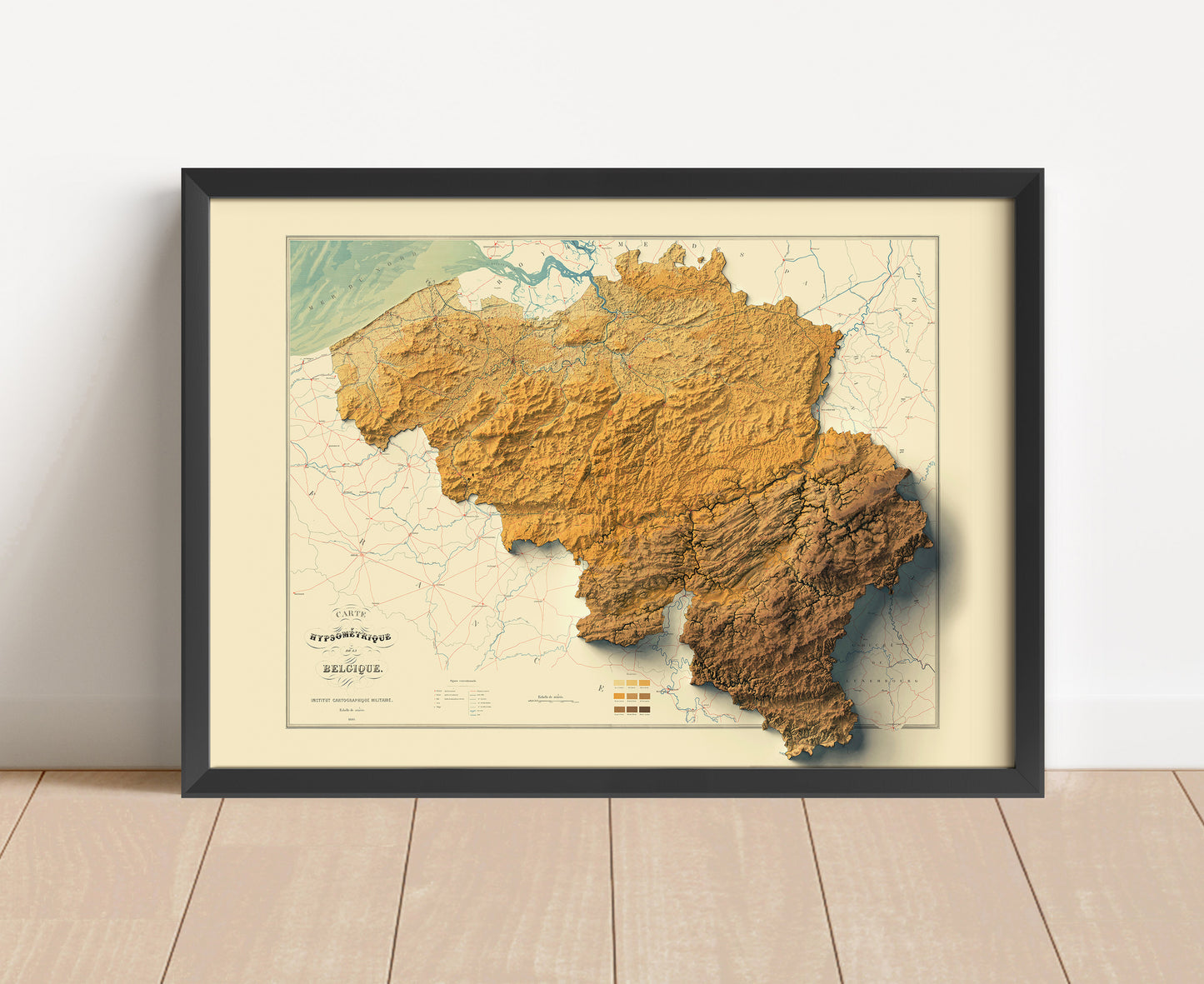 Vintage Belgium shaded relief map in black frame. Artistic print with realistic terrain effect for wall decor