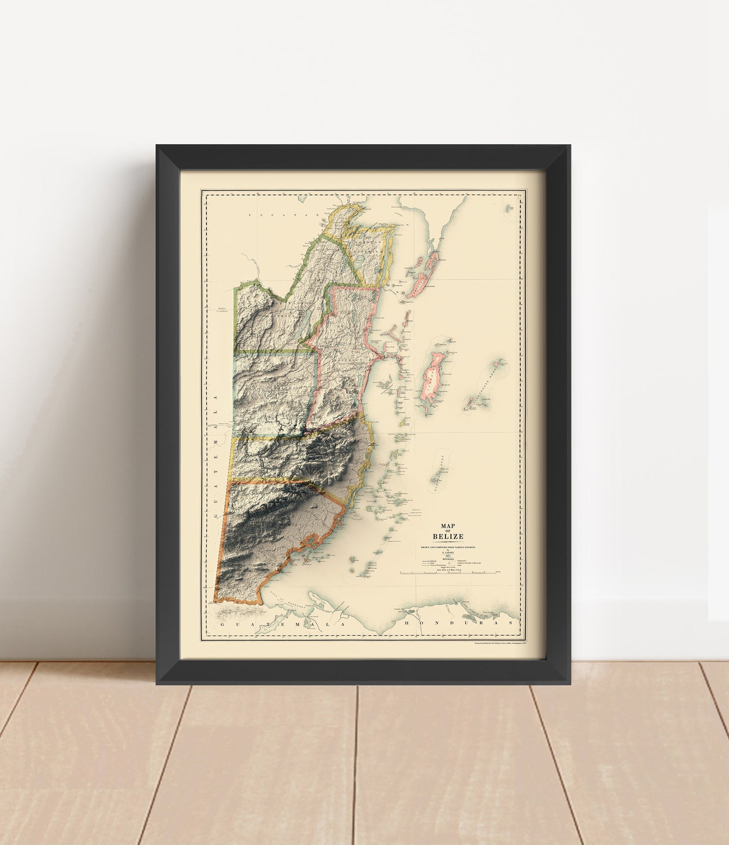 Vintage Belize shaded relief map in black frame. Artistic print with realistic terrain effect for wall decor