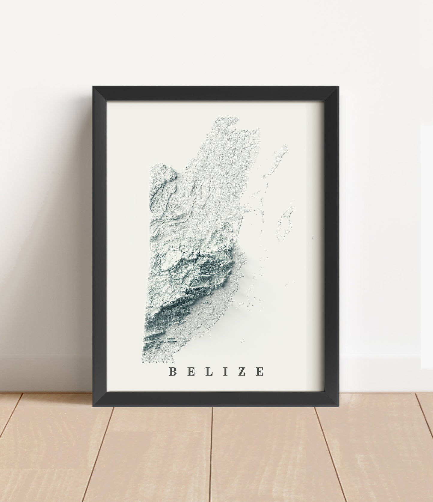 Belize shaded relief map in black frame. Artistic print with realistic terrain effect for wall decor