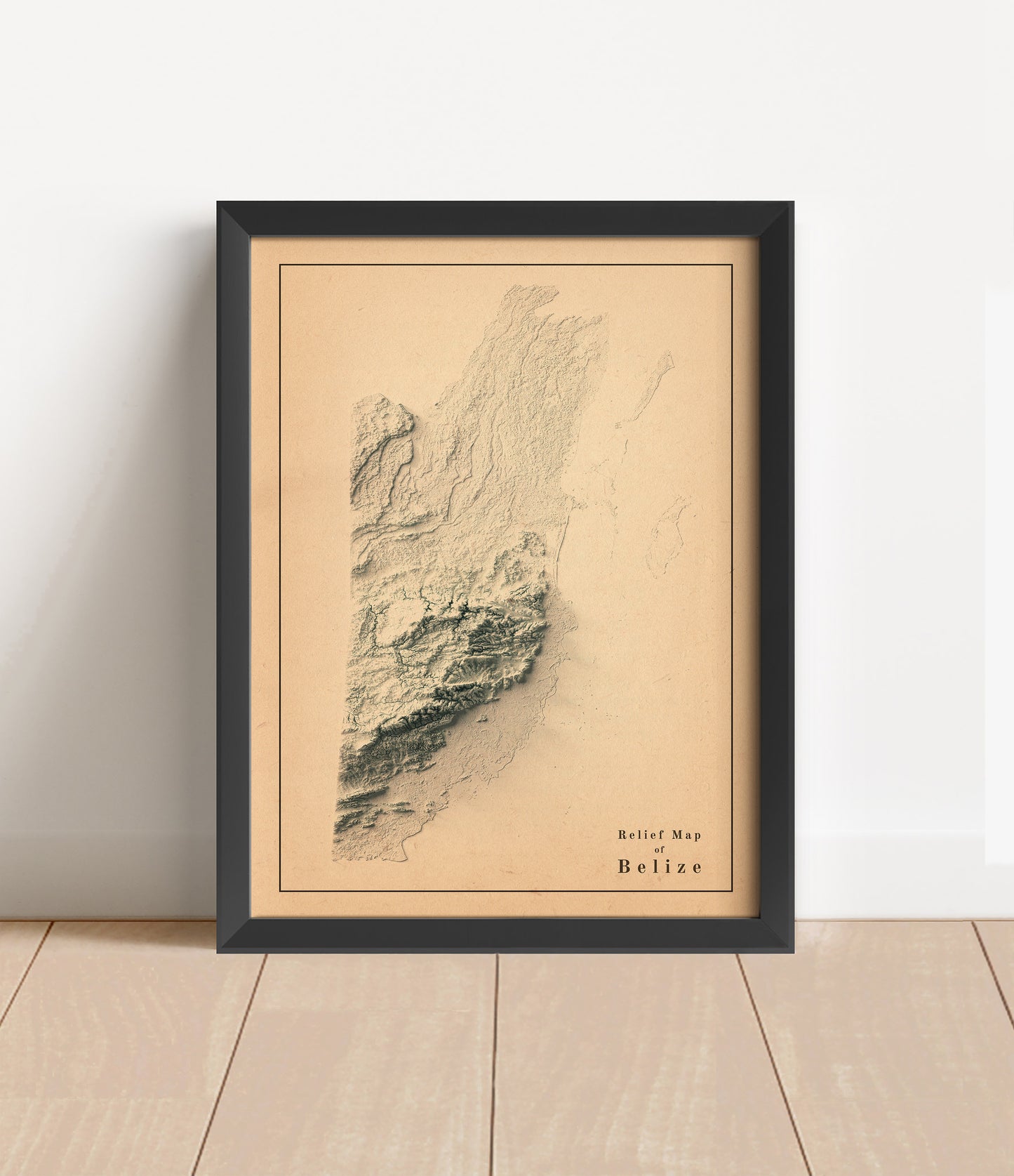 Vintage Belize shaded relief map in black frame. Artistic print with realistic terrain effect for wall decor