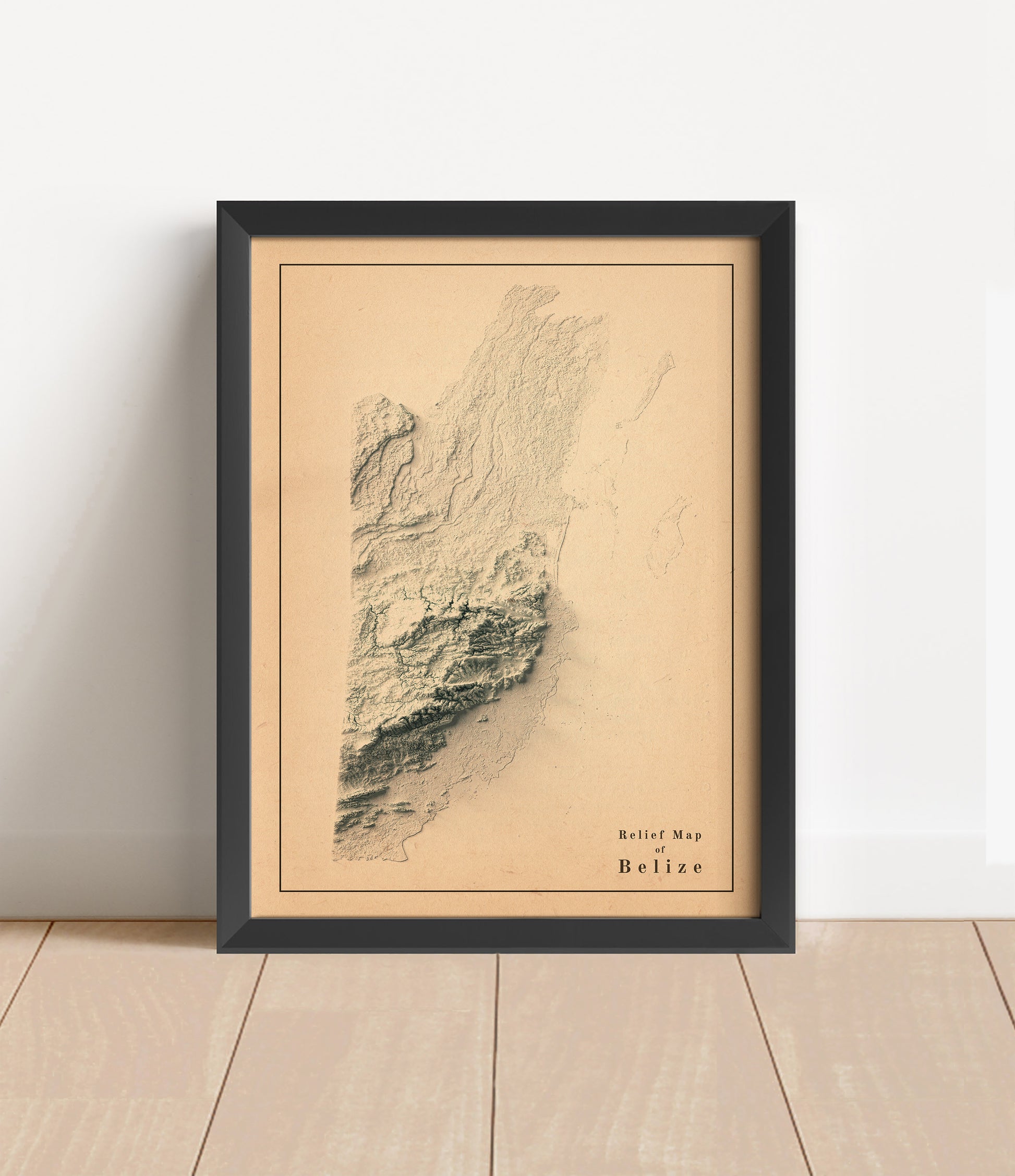 Vintage Belize shaded relief map in black frame. Artistic print with realistic terrain effect for wall decor