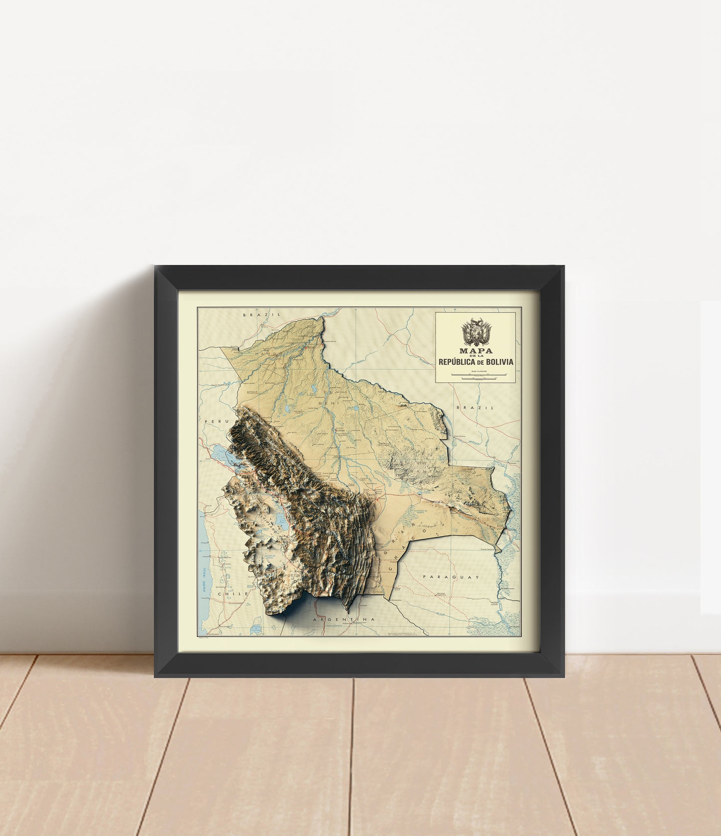 Vintage Bolivia shaded relief map in black frame. Artistic print with realistic terrain effect for wall decor