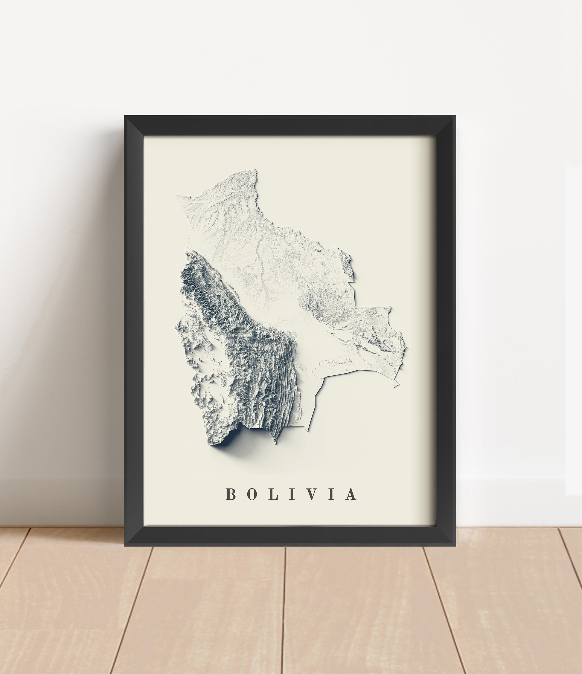 Bolivia shaded relief map in black frame. Artistic print with realistic terrain effect for wall decor