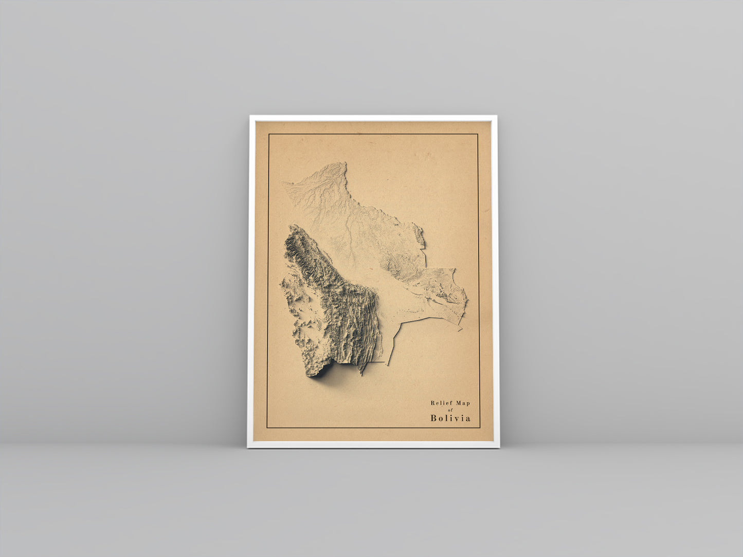Bolivia vintage framed shaded relief map in white frame. Artistic print highlighting mountains with a realistic 3d effect