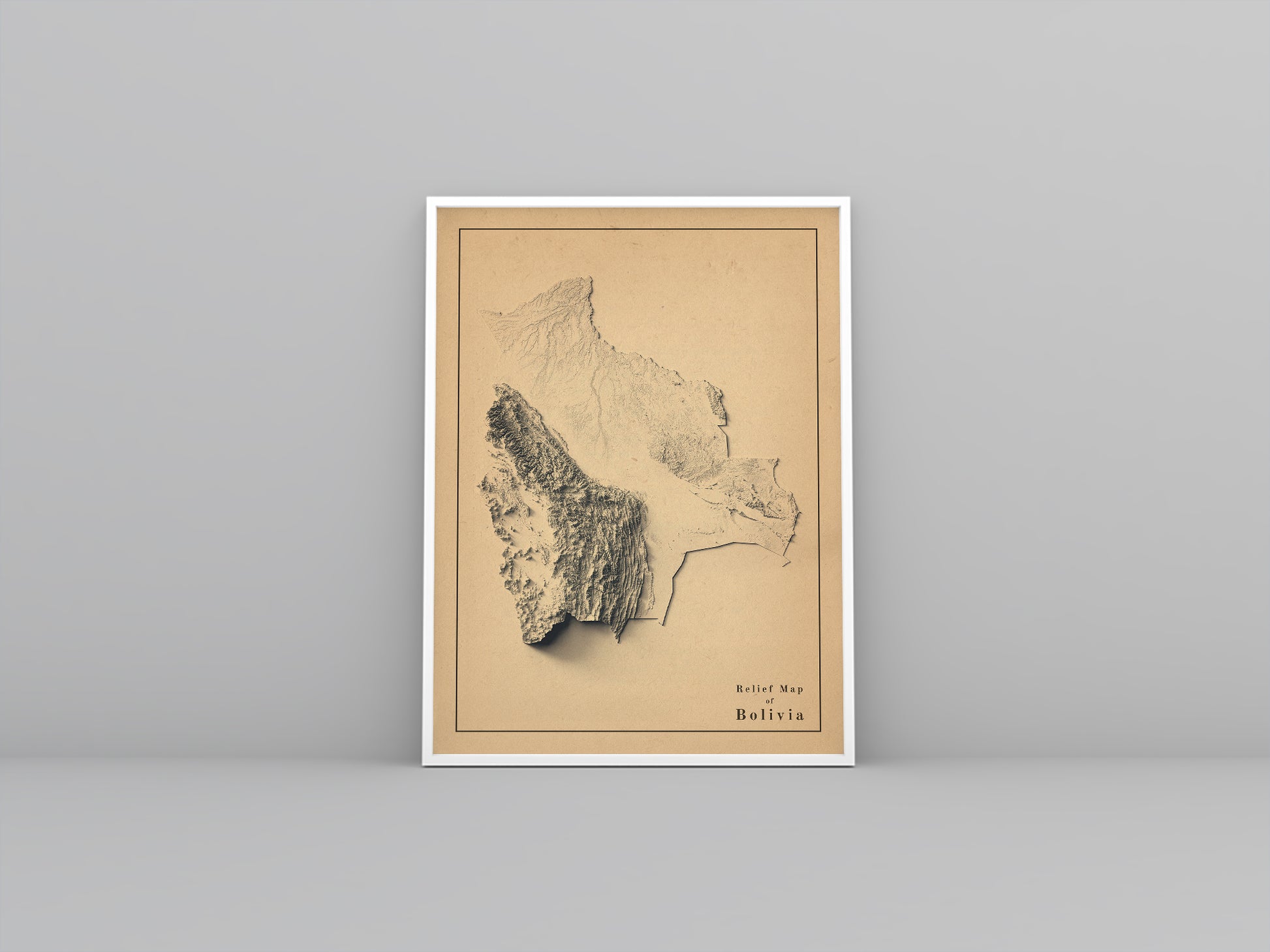 Bolivia vintage framed shaded relief map in white frame. Artistic print highlighting mountains with a realistic 3d effect