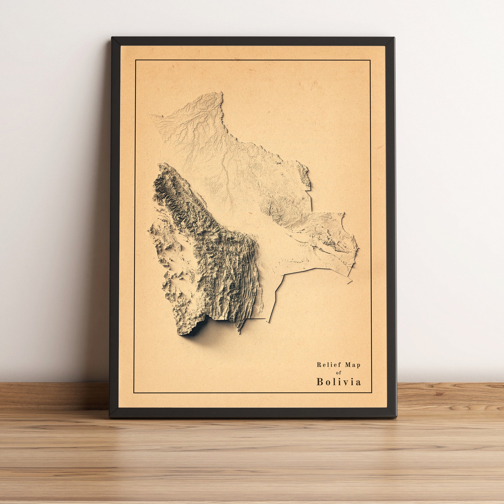 Bolivia vintage framed shaded relief map in black frame. Artistic print highlighting mountains with a realistic terrain effect