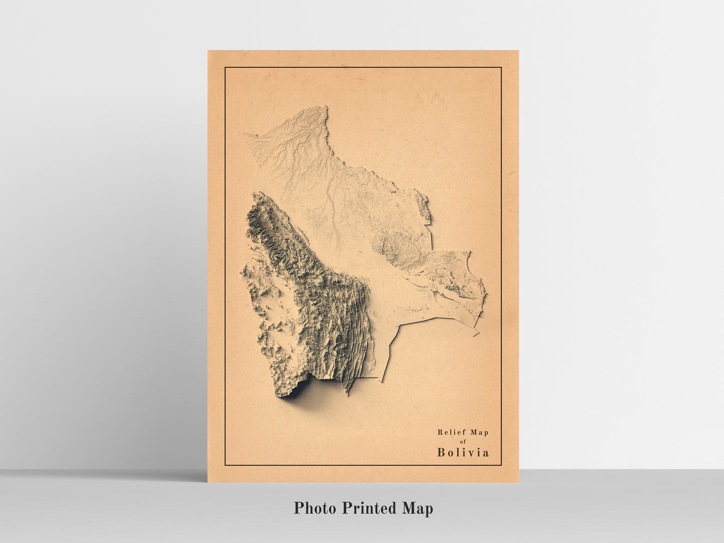 Bolivia Shaded relief map print, highlighting topography. Ideal for home decor and geography lovers