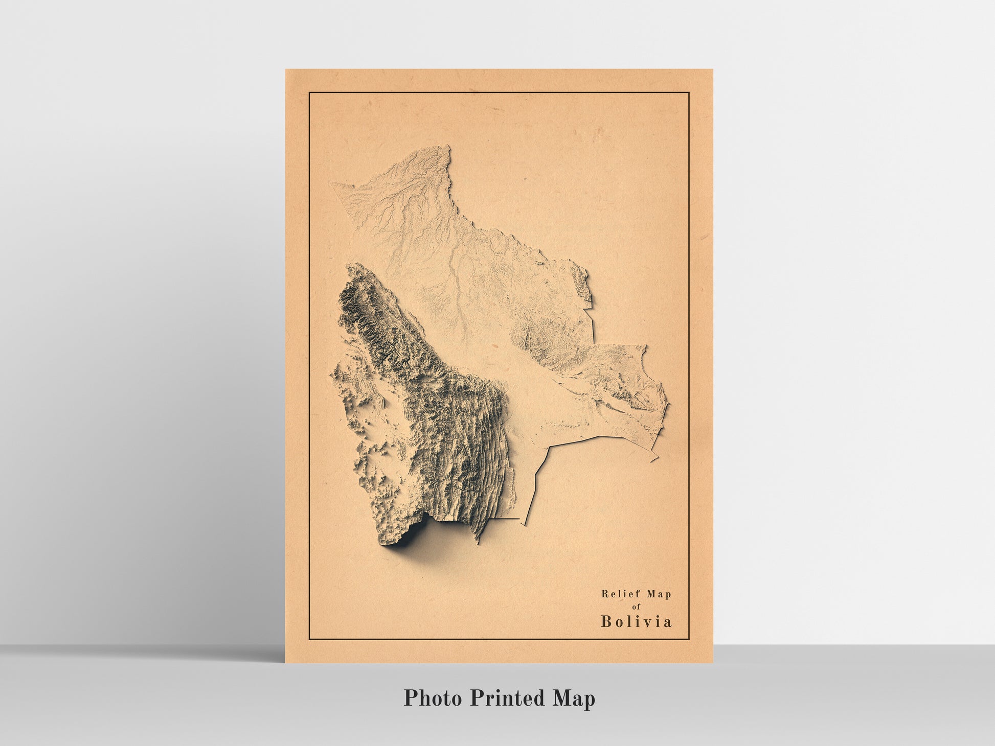 Bolivia Shaded relief map print, highlighting topography. Ideal for home decor and geography lovers