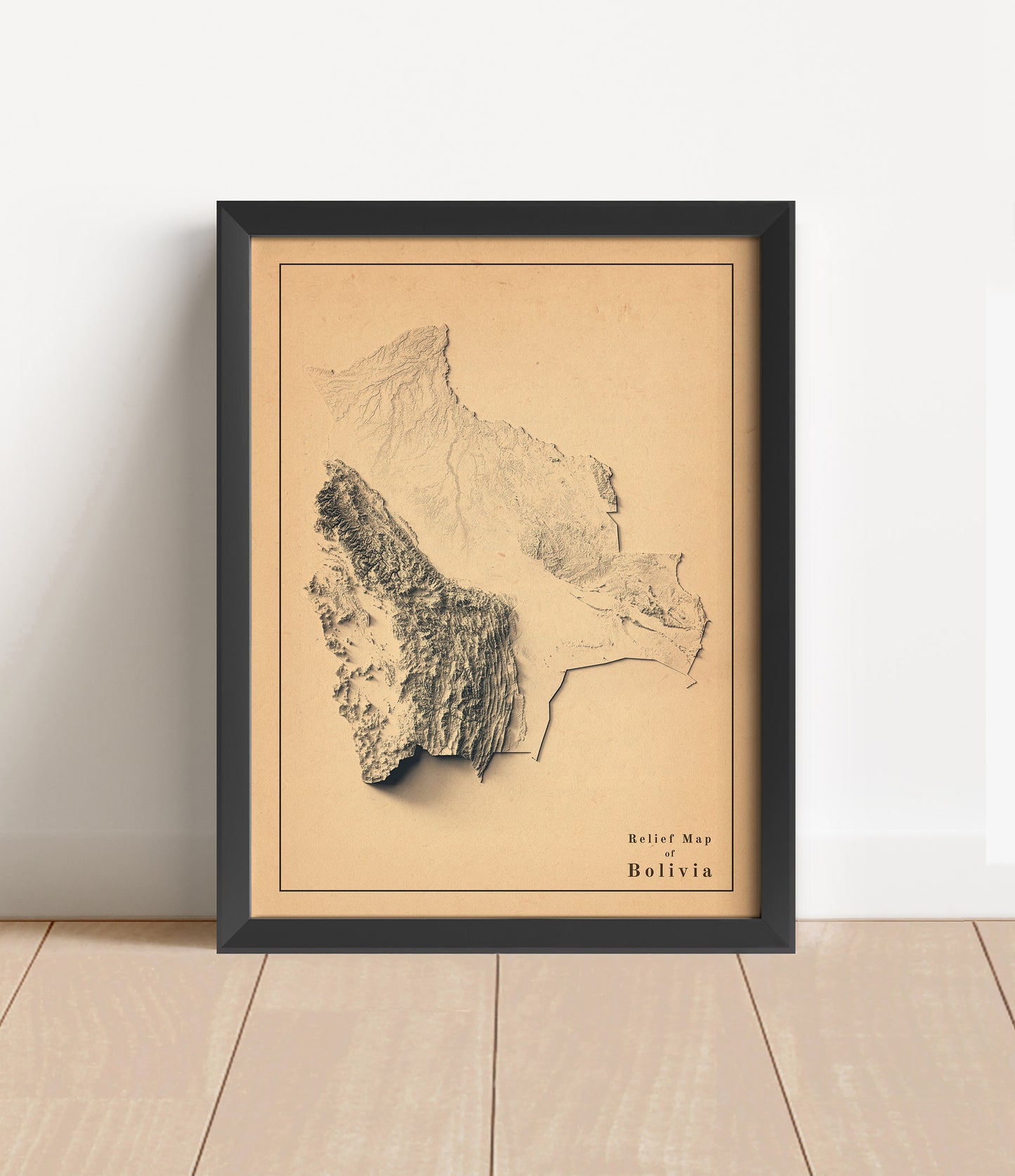 Vintage Bolivia shaded relief map in black frame. Artistic print with realistic terrain effect for wall decor