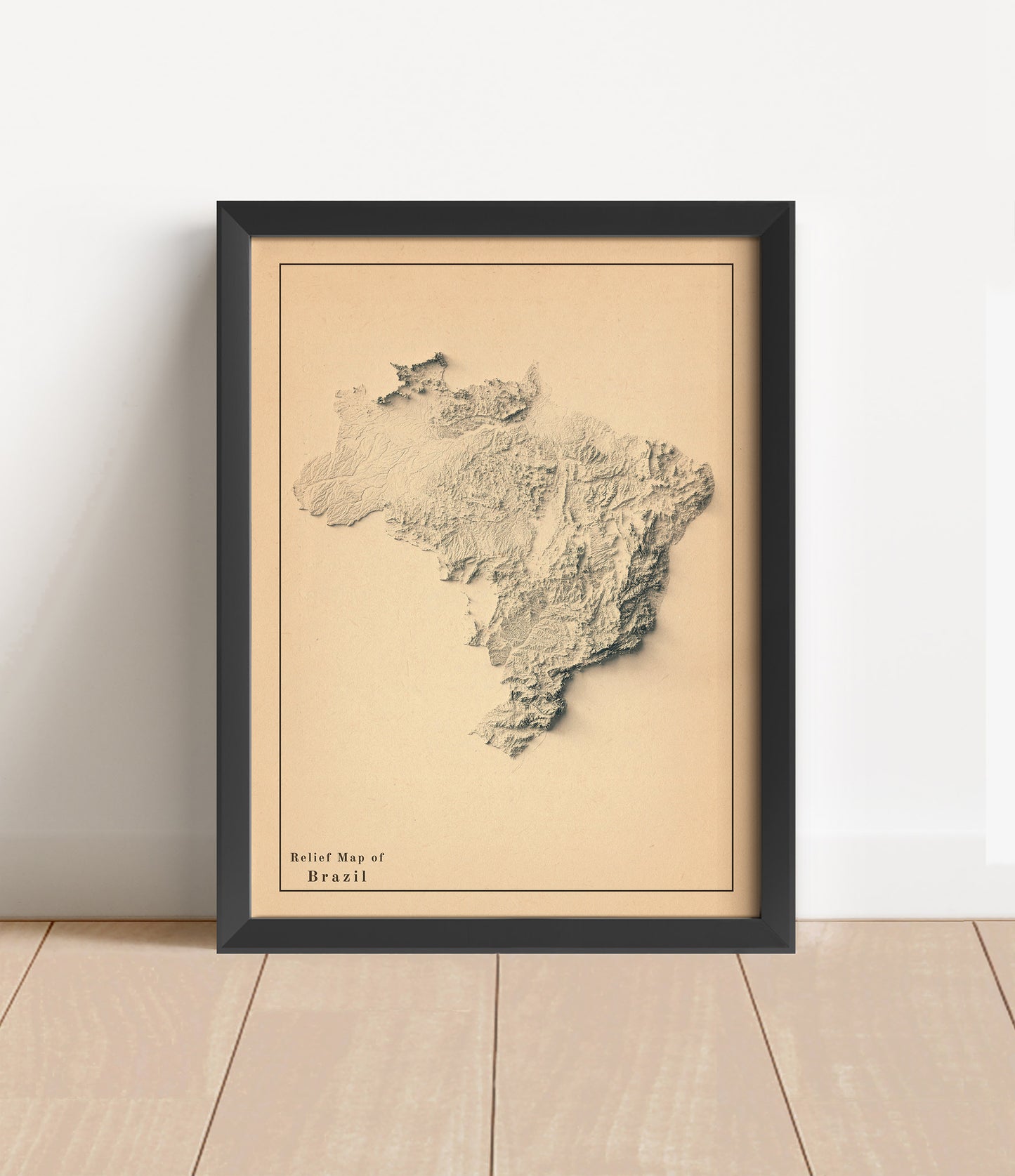 Vintage Brazil shaded relief map in black frame. Artistic print with realistic terrain effect for wall decor
