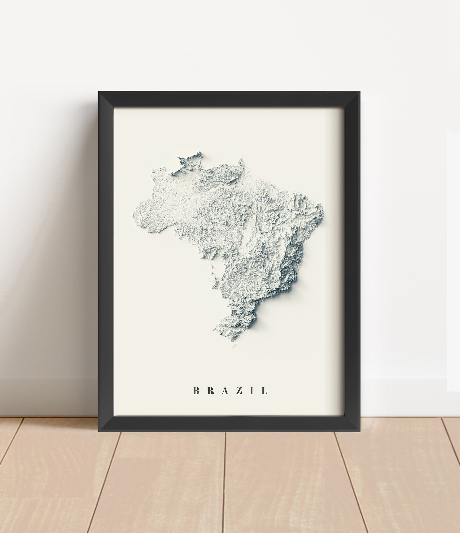 Brazil shaded relief map in black frame. Artistic print with realistic terrain effect for wall decor