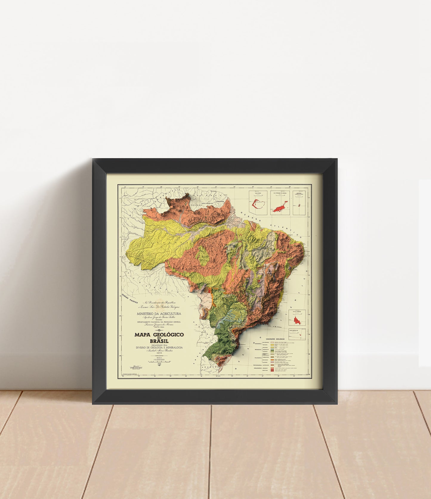 Vintage Brazil shaded relief map in black frame. Artistic print with realistic terrain effect for wall decor