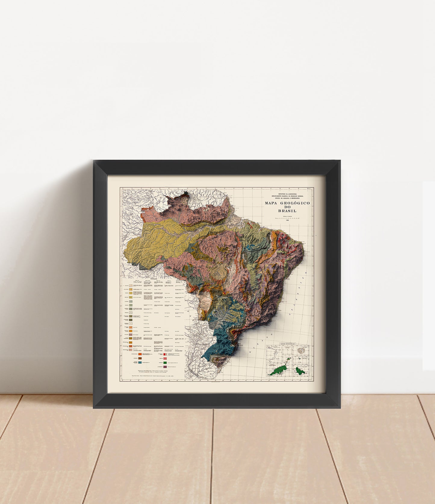 Vintage Brazil shaded relief map in black frame. Artistic print with realistic terrain effect for wall decor