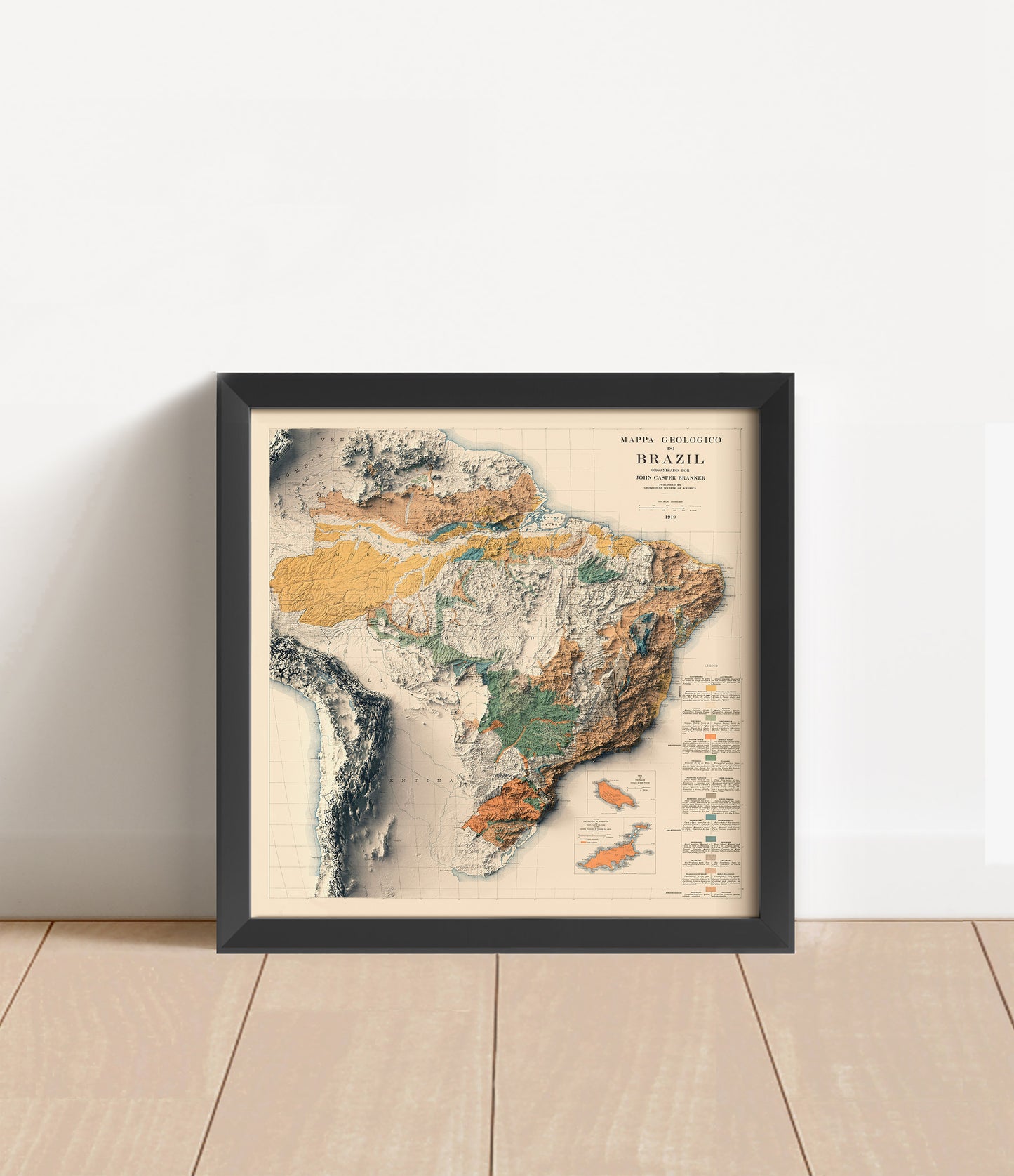 Vintage Brazil shaded relief map in black frame. Artistic print with realistic terrain effect for wall decor