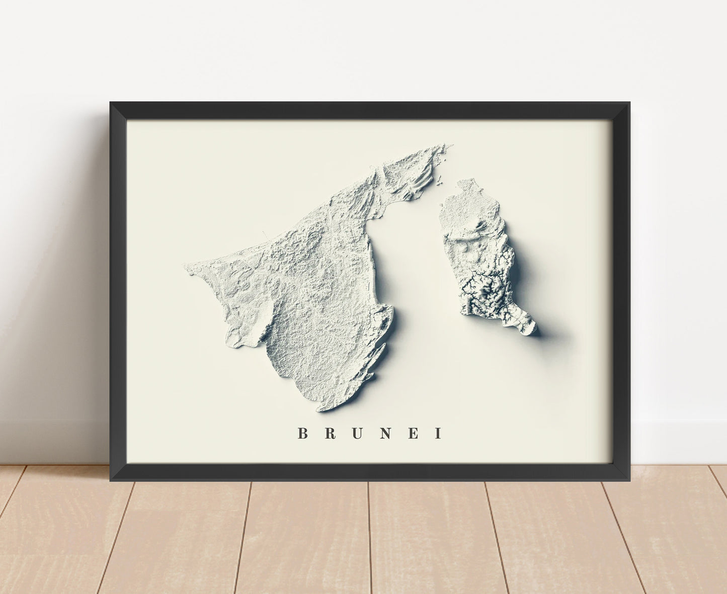 Brunei shaded relief map in black frame. Artistic print with realistic terrain effect for wall decor