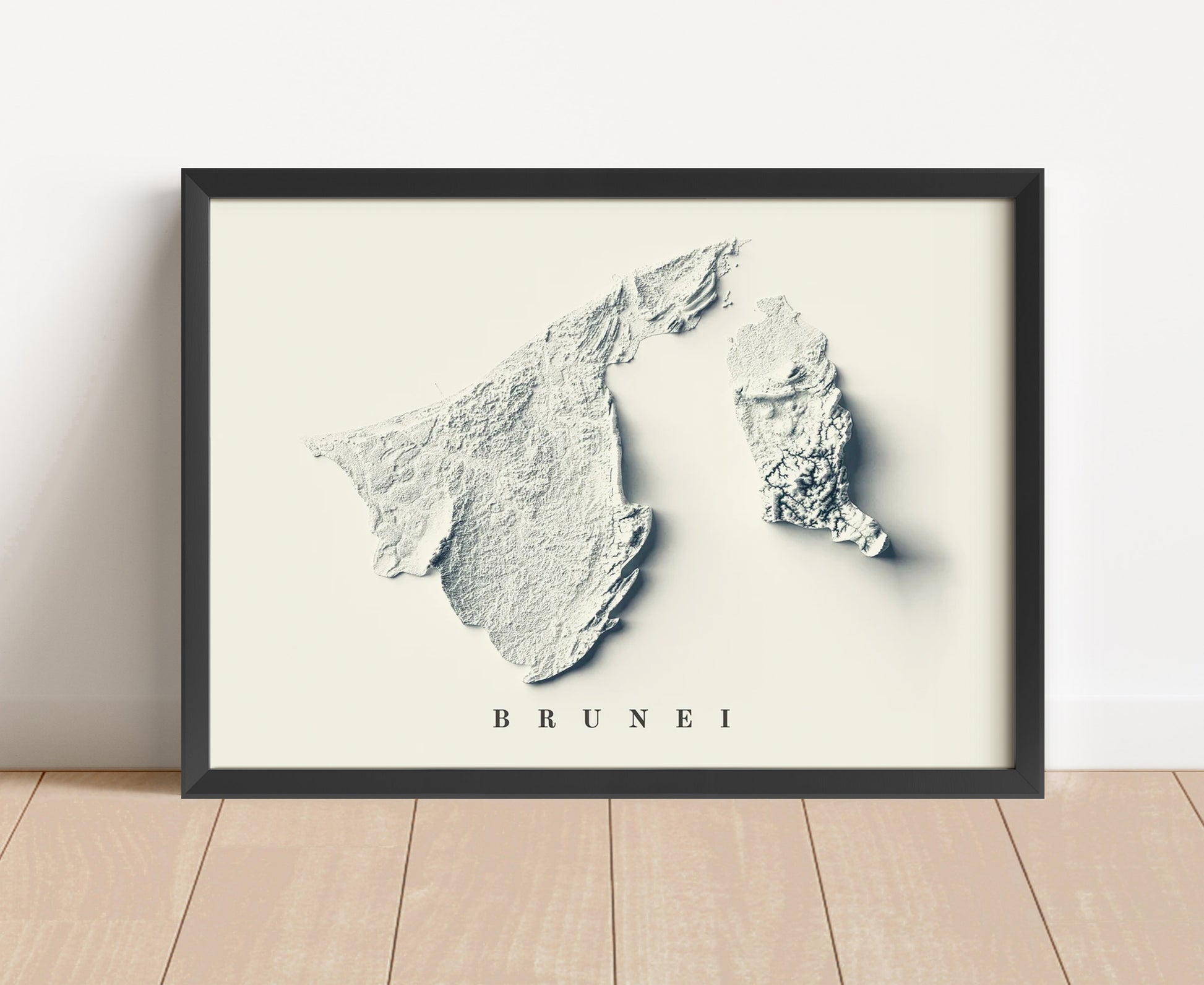 Brunei shaded relief map in black frame. Artistic print with realistic terrain effect for wall decor