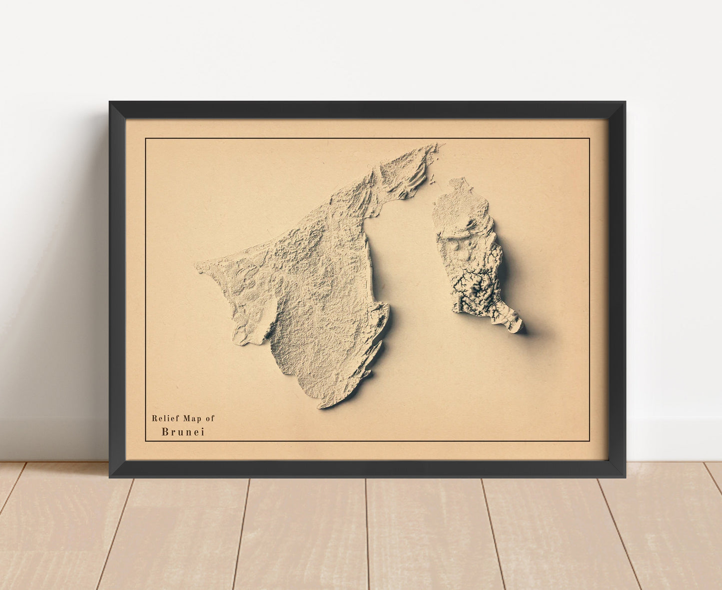 Vintage Brunei shaded relief map in black frame. Artistic print with realistic terrain effect for wall decor