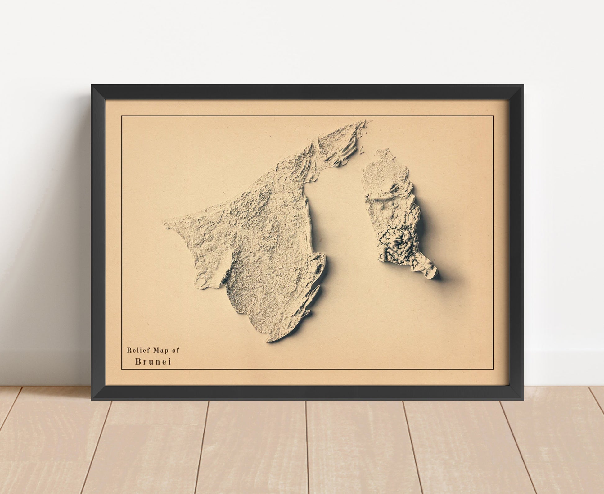 Vintage Brunei shaded relief map in black frame. Artistic print with realistic terrain effect for wall decor