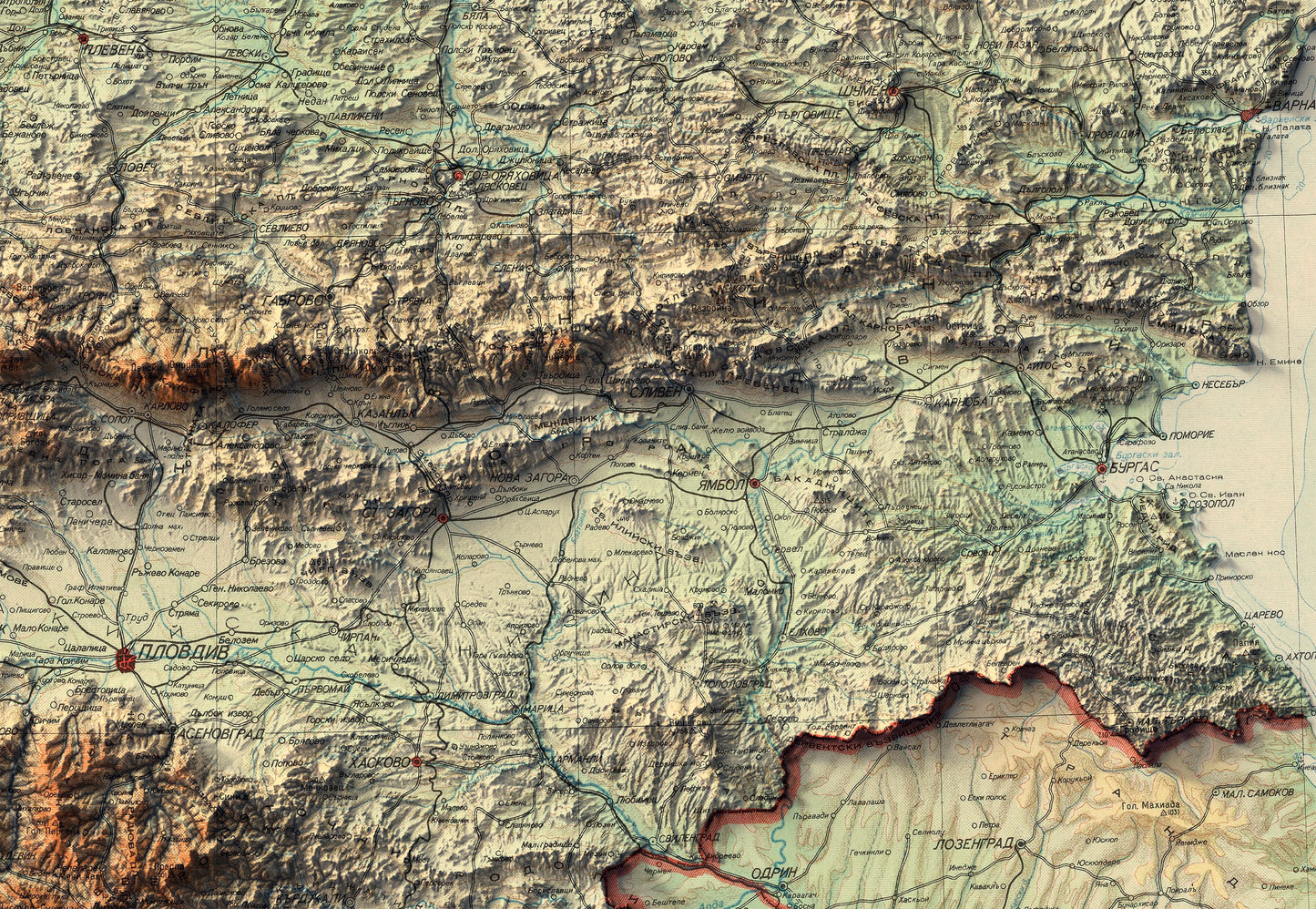 vintage shaded relief map of Bulgaria