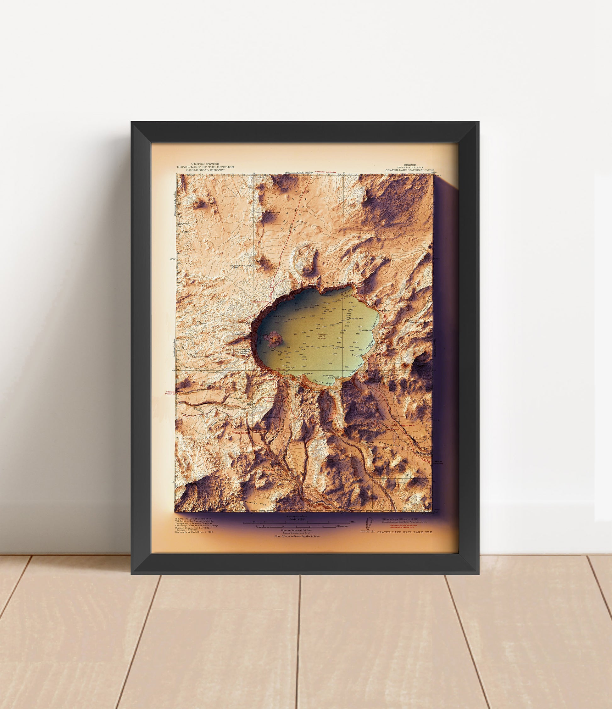 Vintage Crater Lake, Oregon, shaded relief map in black frame. Artistic print with realistic terrain effect for wall decor