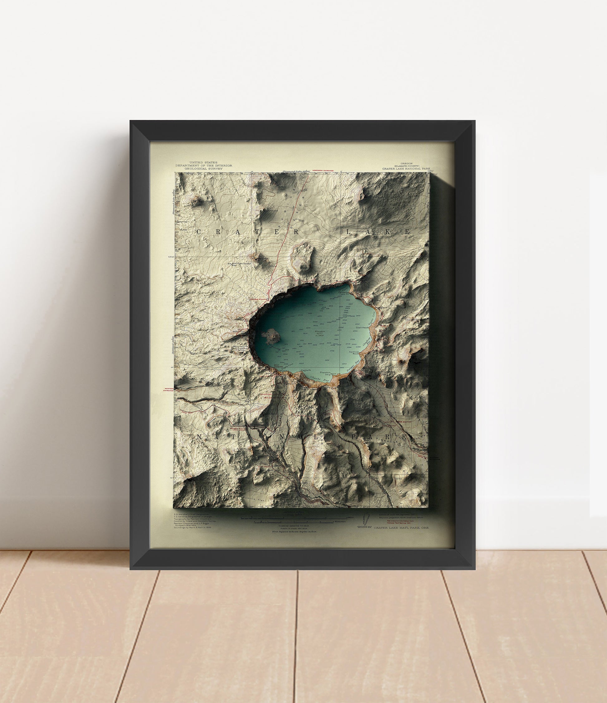 Vintage Crater Lake, Oregon, shaded relief map in black frame. Artistic print with realistic terrain effect for wall decor